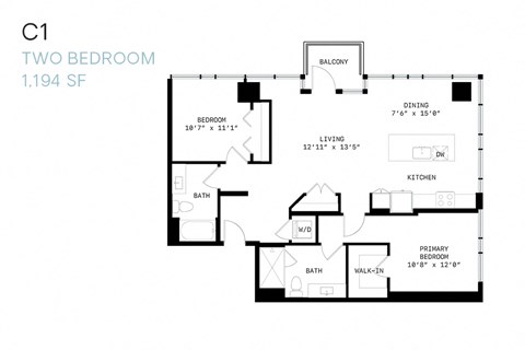 Floor plan for 2 beds, 2 baths, 1194 sqft